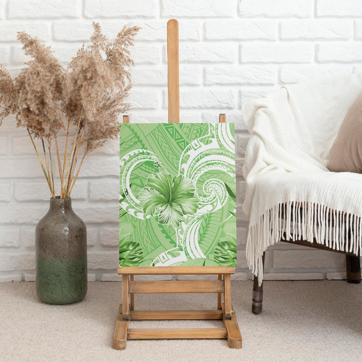Polynesian Hibiscus Flower Tribal Canvas Wall Art Lime Green Color LT9 - Polynesian Pride