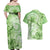 Polynesian Hibiscus Flower Tribal Couples Matching Off Shoulder Maxi Dress and Hawaiian Shirt Lime Green Color