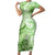 Polynesian Hibiscus Flower Tribal Family Matching Short Sleeve Bodycon Dress and Hawaiian Shirt Lime Green Color