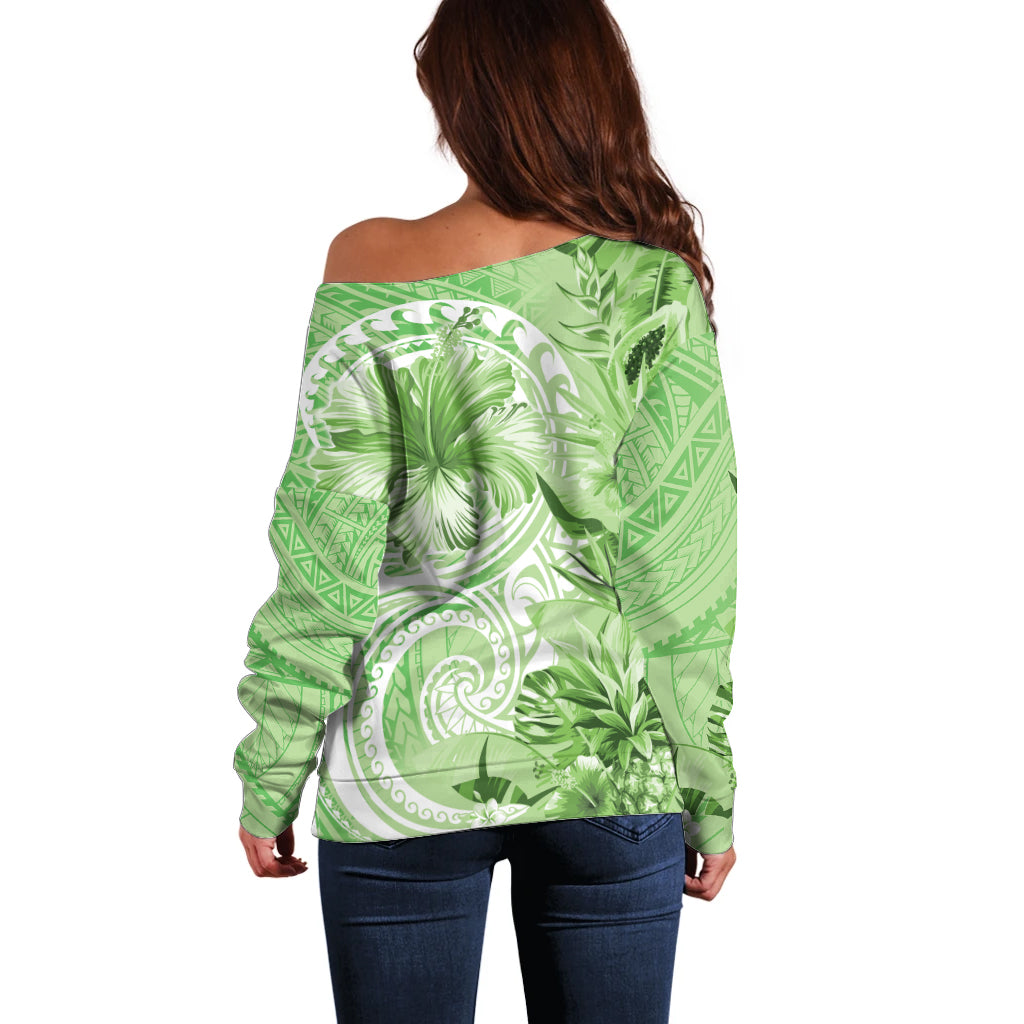 Polynesian Hibiscus Flower Tribal Off Shoulder Sweater Lime Green Color LT9 - Polynesian Pride