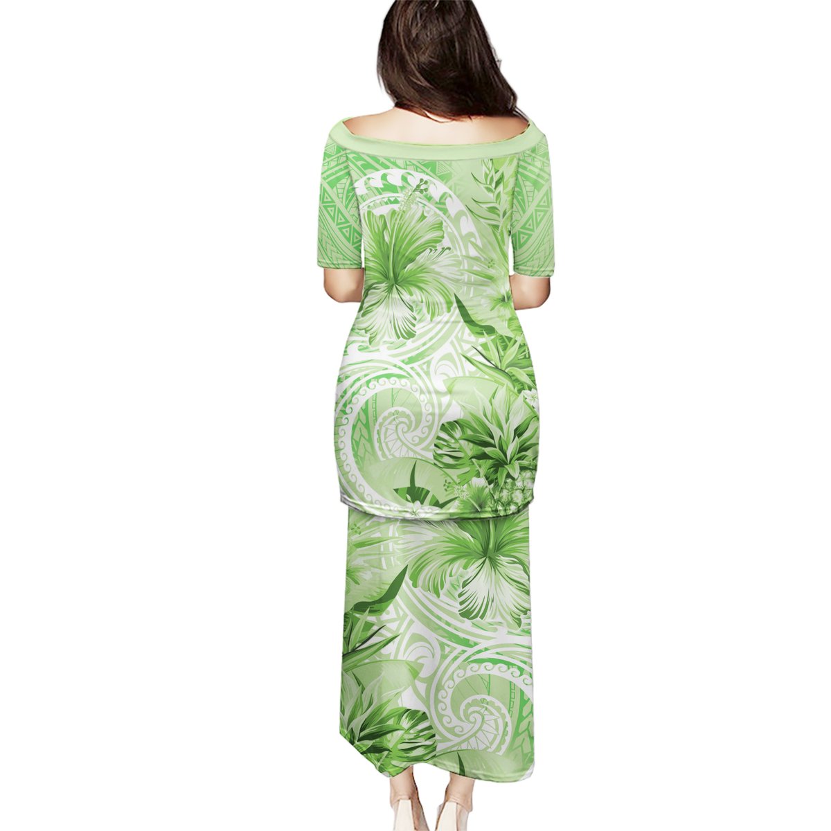 Polynesian Hibiscus Flower Tribal Puletasi Lime Green Color LT9 - Polynesian Pride