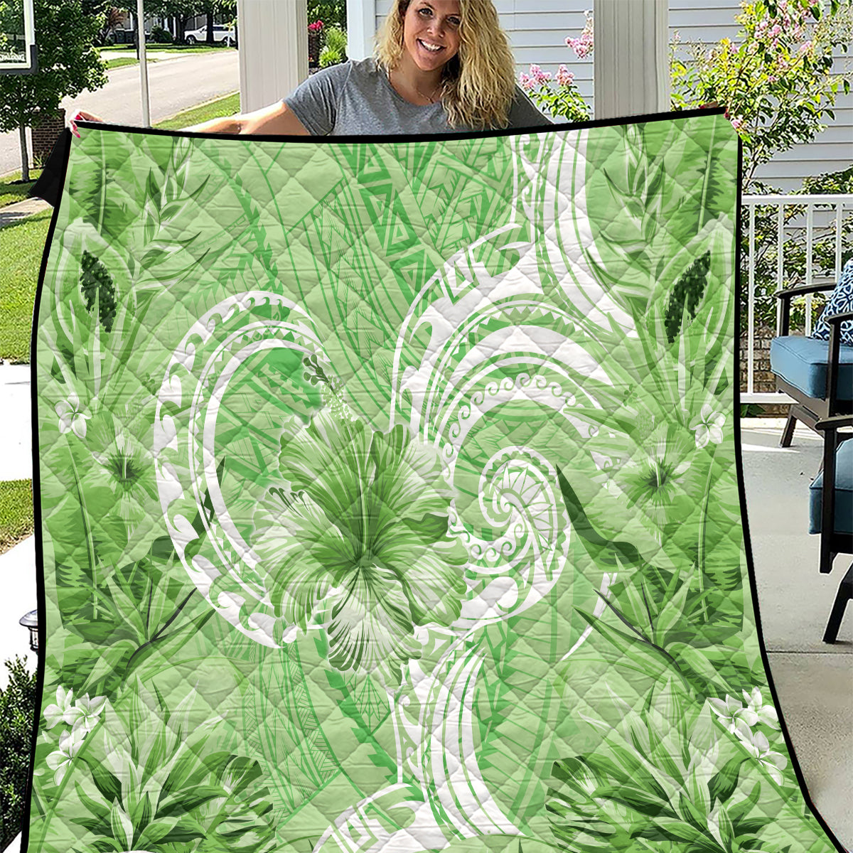 Polynesian Hibiscus Flower Tribal Quilt Lime Green Color