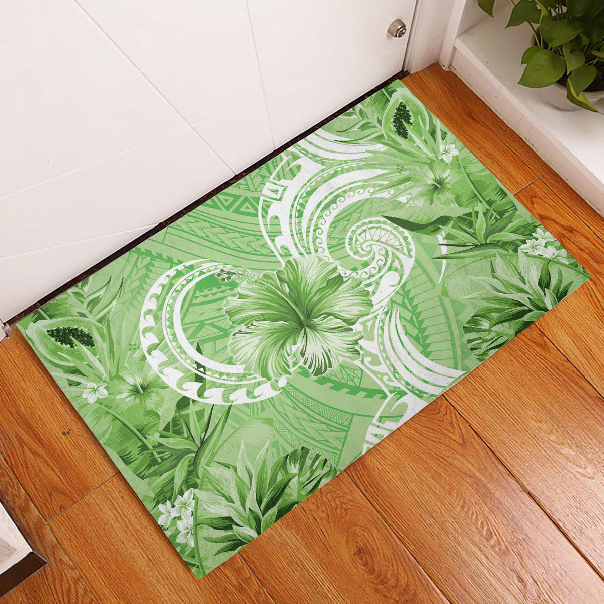 Polynesian Hibiscus Flower Tribal Rubber Doormat Lime Green Color LT9 Lime Green - Polynesian Pride