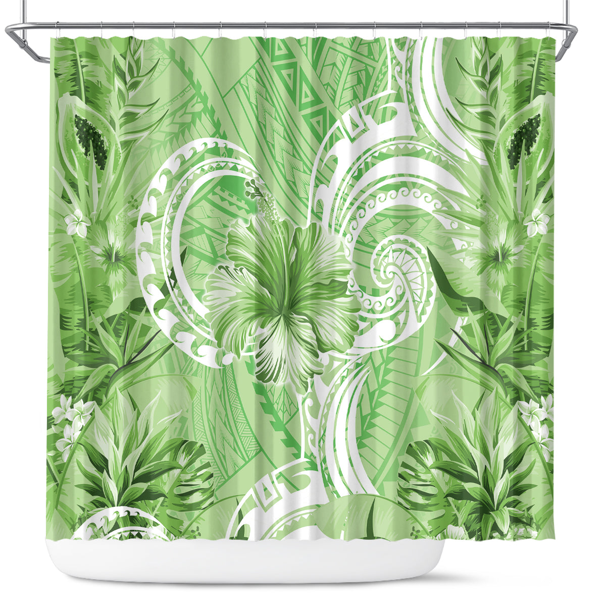 Polynesian Hibiscus Flower Tribal Shower Curtain Lime Green Color