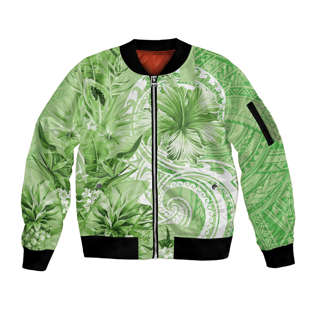 Polynesian Hibiscus Flower Tribal Sleeve Zip Bomber Jacket Lime Green Color LT9 Unisex Lime Green - Polynesian Pride