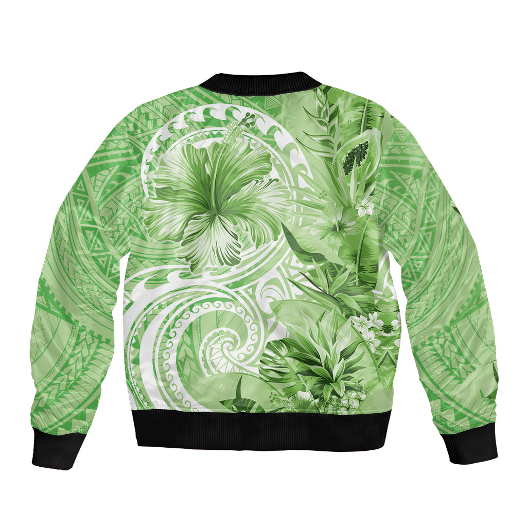 Polynesian Hibiscus Flower Tribal Sleeve Zip Bomber Jacket Lime Green Color LT9 - Polynesian Pride