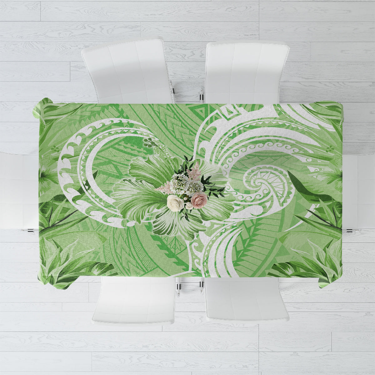 Polynesian Hibiscus Flower Tribal Tablecloth Lime Green Color