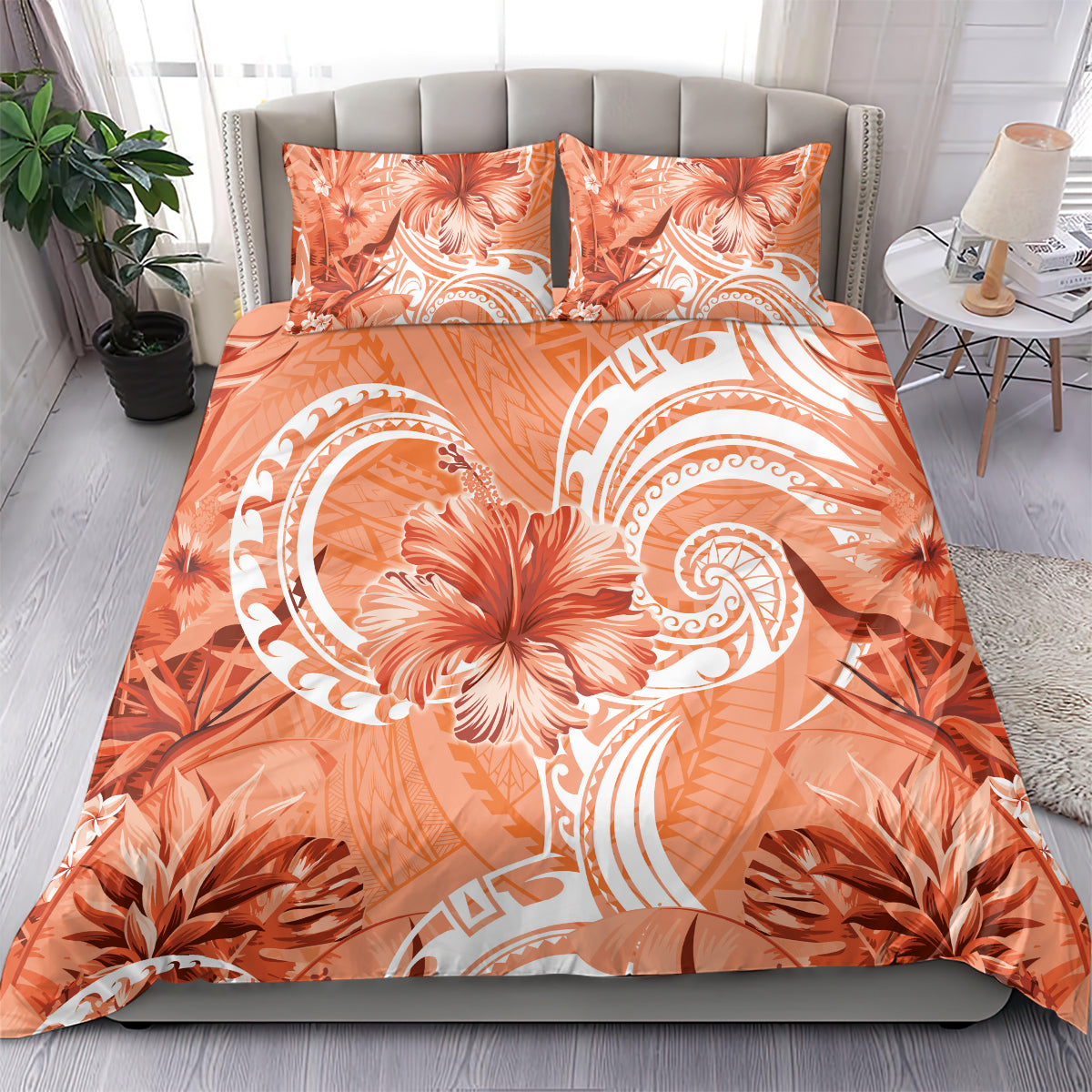 Polynesian Hibiscus Flower Tribal Bedding Set Peach Color LT9 - Polynesian Pride