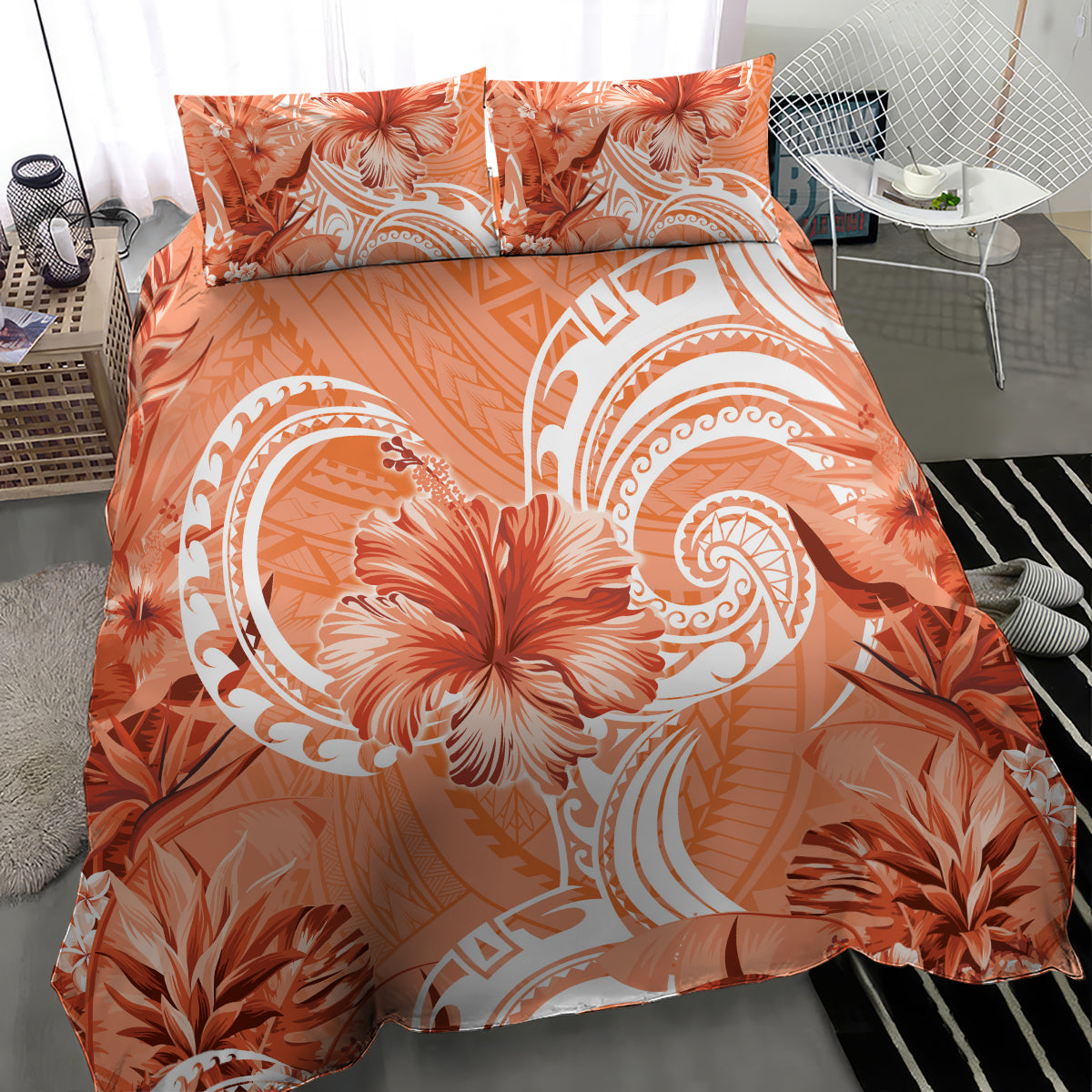 Polynesian Hibiscus Flower Tribal Bedding Set Peach Color LT9 - Polynesian Pride