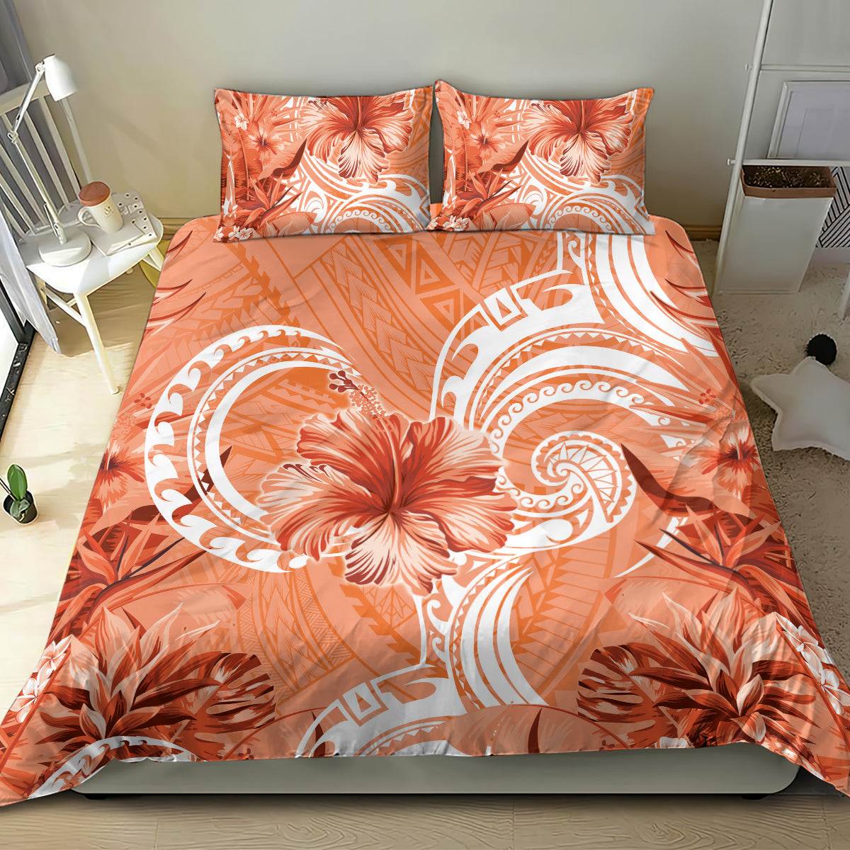 Polynesian Hibiscus Flower Tribal Bedding Set Peach Color LT9 - Polynesian Pride