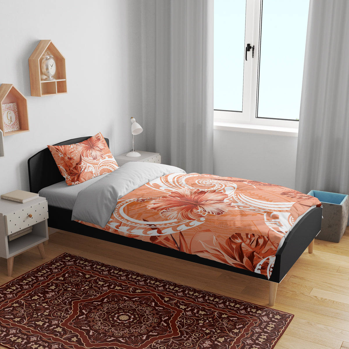 Polynesian Hibiscus Flower Tribal Bedding Set Peach Color LT9 - Polynesian Pride