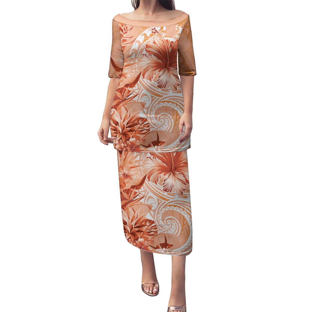 Polynesian Hibiscus Flower Tribal Puletasi Peach Color LT9 Long Dress Peach - Polynesian Pride