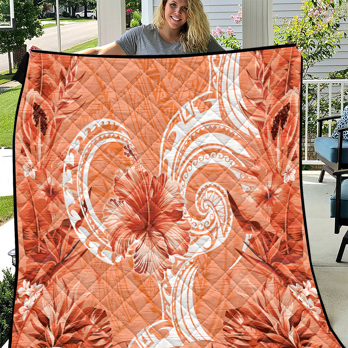 Polynesian Hibiscus Flower Tribal Quilt Peach Color