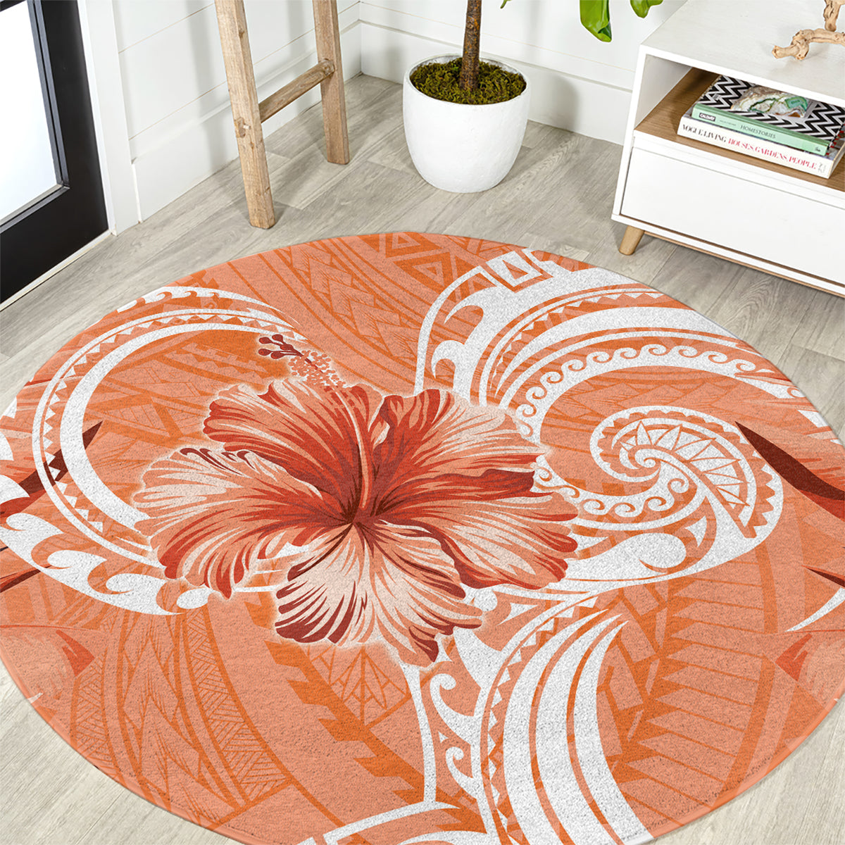 Polynesian Hibiscus Flower Tribal Round Carpet Peach Color LT9 Peach - Polynesian Pride