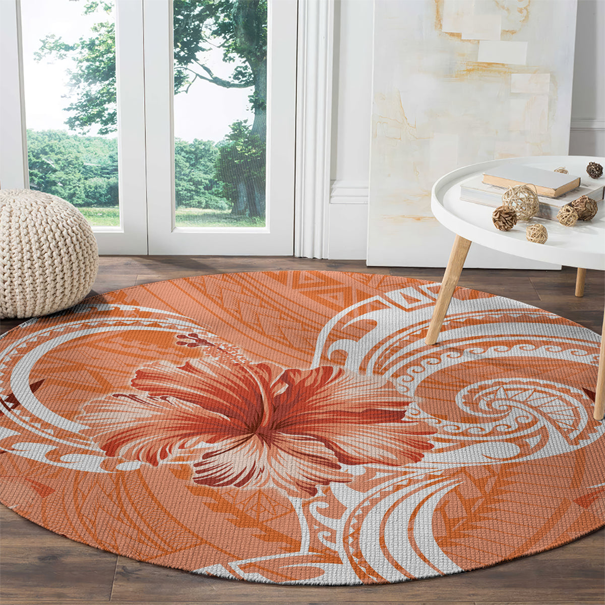 Polynesian Hibiscus Flower Tribal Round Carpet Peach Color LT9 - Polynesian Pride
