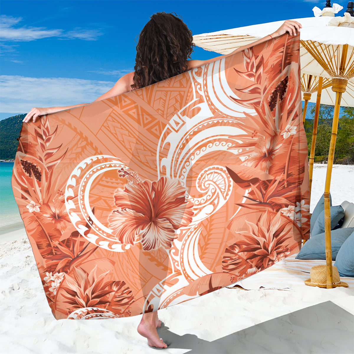 Polynesian Hibiscus Flower Tribal Sarong Peach Color LT9 One Size 44 x 66 inches Peach - Polynesian Pride