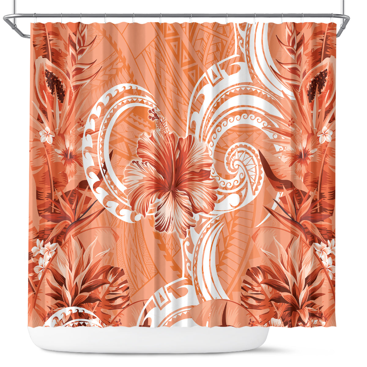 Polynesian Hibiscus Flower Tribal Shower Curtain Peach Color