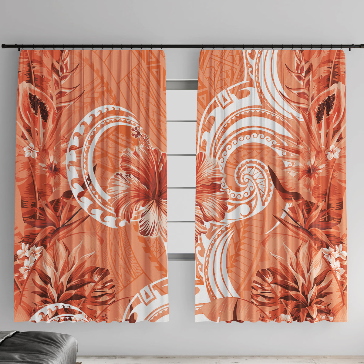 Polynesian Hibiscus Flower Tribal Window Curtain Peach Color LT9 With Hooks Peach - Polynesian Pride