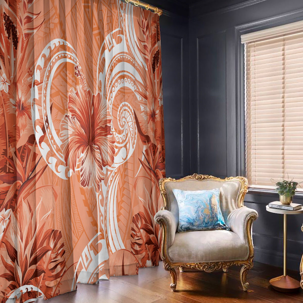 Polynesian Hibiscus Flower Tribal Window Curtain Peach Color LT9 - Polynesian Pride
