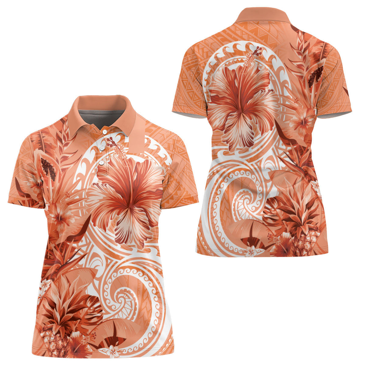 Polynesian Hibiscus Flower Tribal Women Polo Shirt Peach Color LT9 - Polynesian Pride