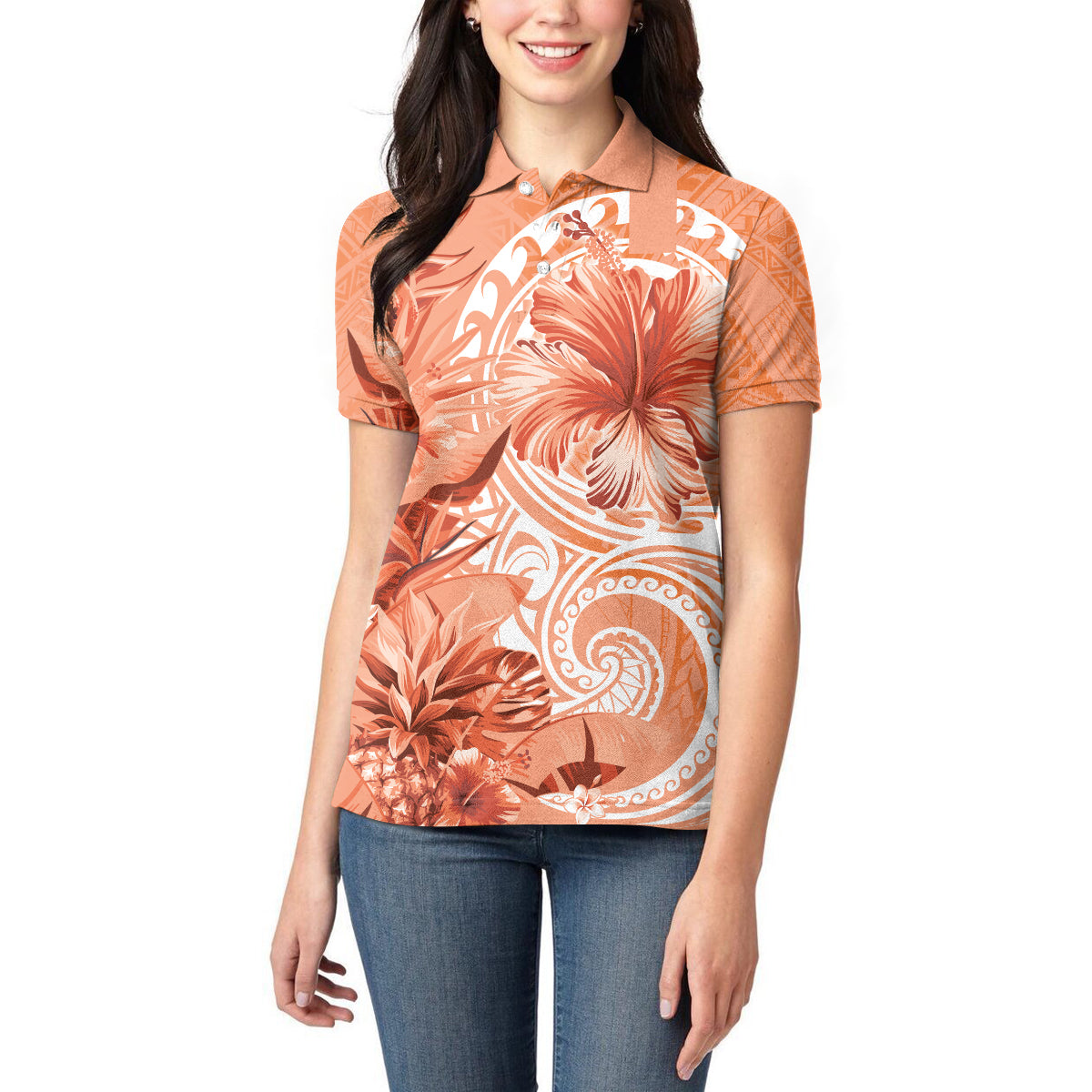 Polynesian Hibiscus Flower Tribal Women Polo Shirt Peach Color LT9 - Polynesian Pride