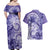 Polynesian Hibiscus Flower Tribal Couples Matching Off Shoulder Maxi Dress and Hawaiian Shirt Violet Color