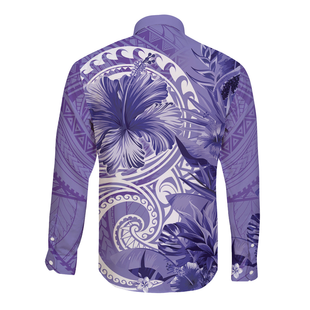 Polynesian Hibiscus Flower Tribal Long Sleeve Button Shirt Violet Color LT9 - Polynesian Pride