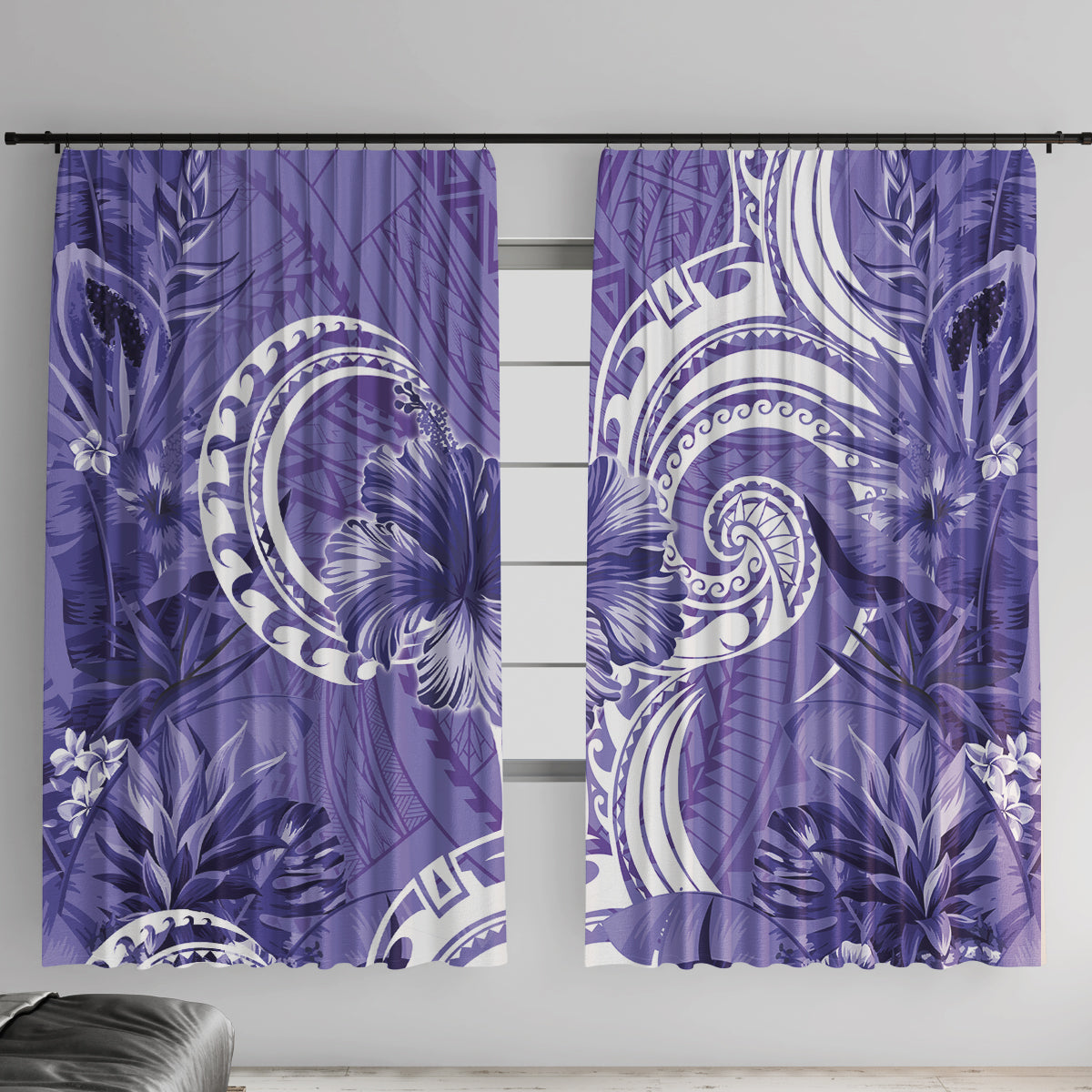 Polynesian Hibiscus Flower Tribal Window Curtain Violet Color LT9 With Hooks Violet - Polynesian Pride
