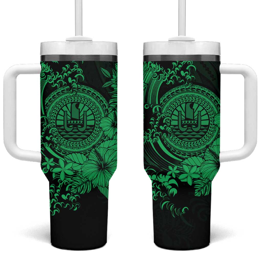 Green Polynesian Tahiti Island Tumbler With Handle The Wave of Water LT9 One Size: 40 oz Green - Polynesian Pride