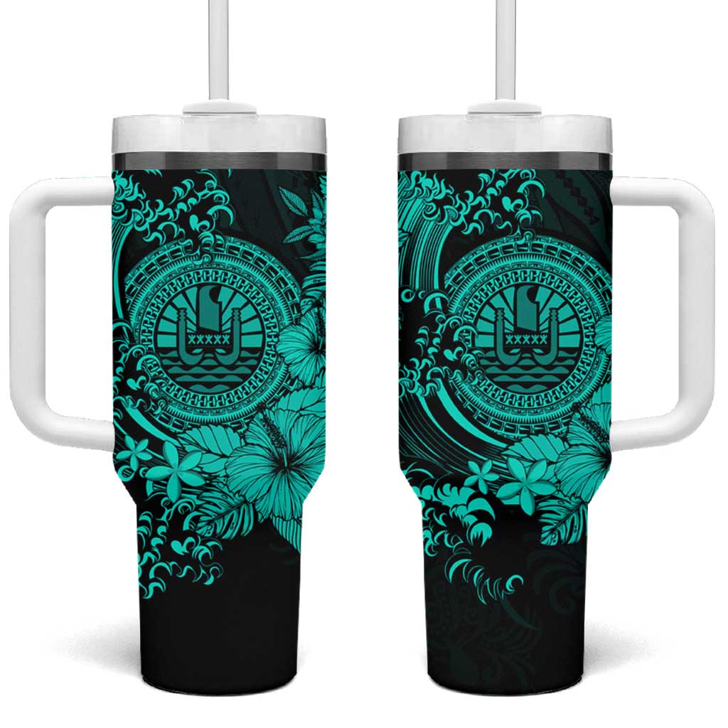 Turquoise Polynesian Tahiti Island Tumbler With Handle The Wave of Water LT9 One Size: 40 oz Turquoise - Polynesian Pride