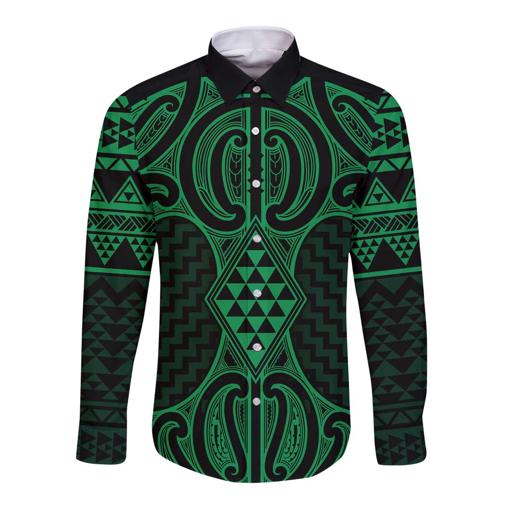 Kakariki Maori Ta Moko Poutama Art Long Sleeve Button Shirt LT9 Unisex Green - Polynesian Pride
