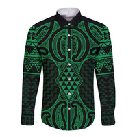 Kakariki Maori Ta Moko Poutama Art Long Sleeve Button Shirt LT9 Unisex Green - Polynesian Pride