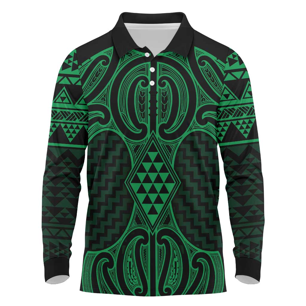 Kakariki Maori Ta Moko Poutama Art Long Sleeve Polo Shirt LT9 Green - Polynesian Pride