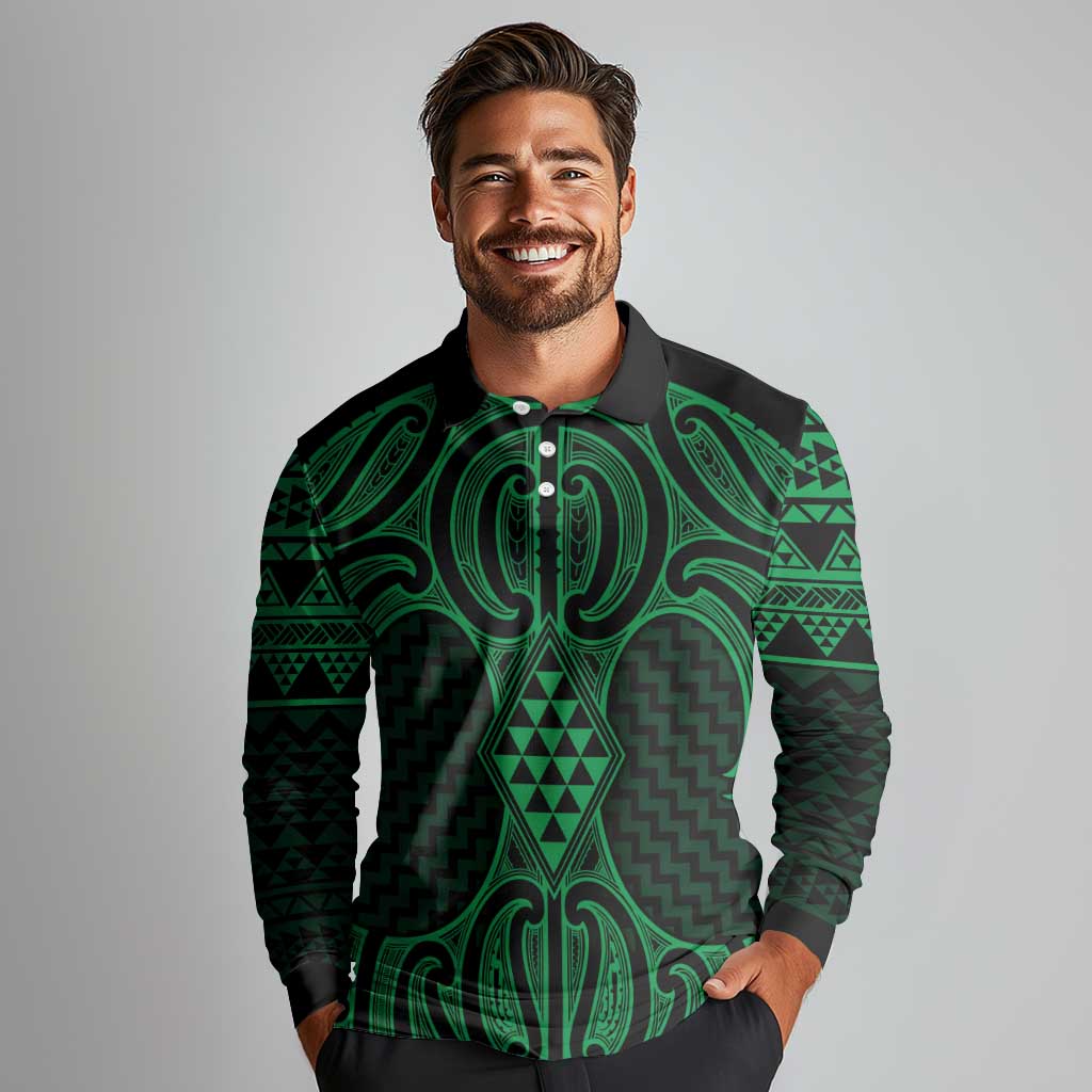 Kakariki Maori Ta Moko Poutama Art Long Sleeve Polo Shirt LT9 - Polynesian Pride