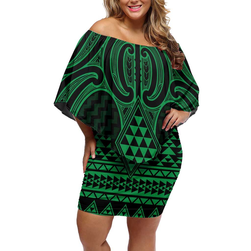 Kakariki Maori Ta Moko Poutama Art Off Shoulder Short Dress LT9 Women Green - Polynesian Pride