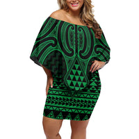 Kakariki Maori Ta Moko Poutama Art Off Shoulder Short Dress LT9 Women Green - Polynesian Pride