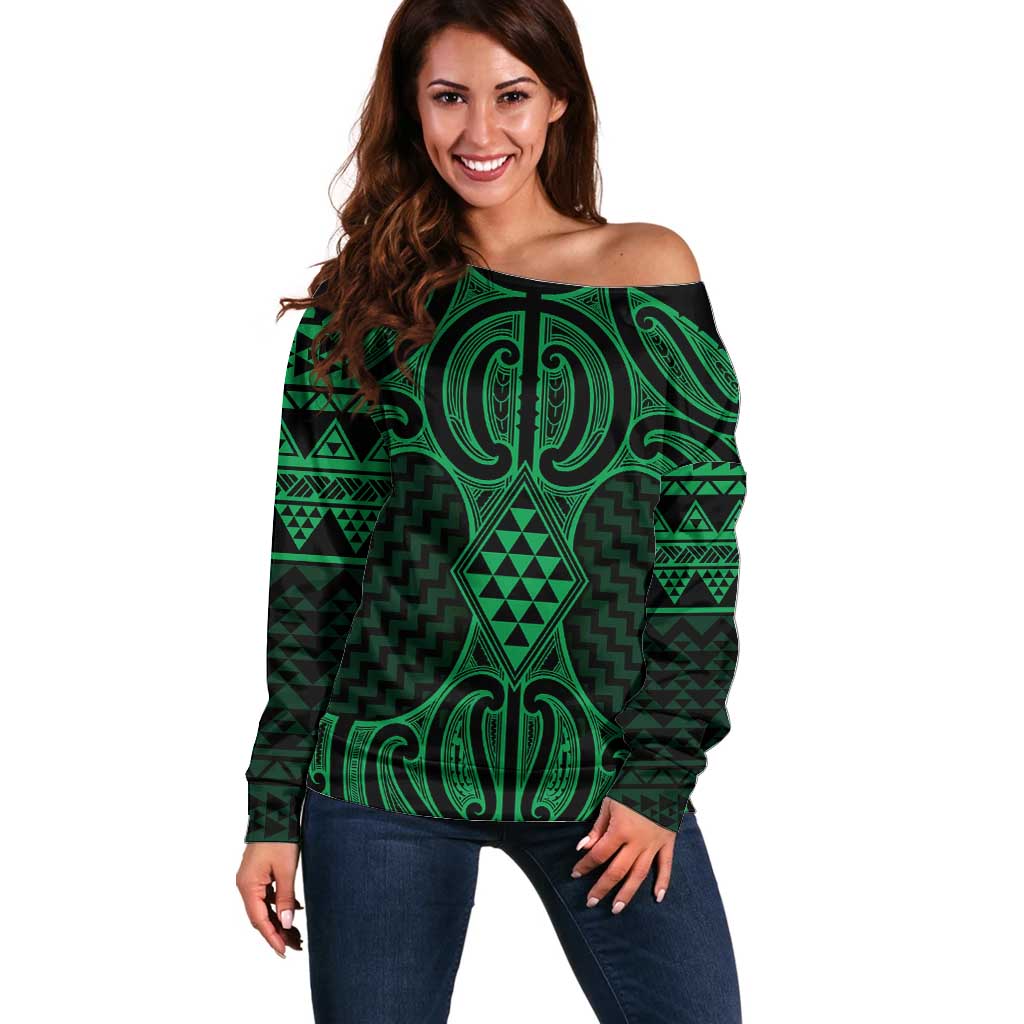 Kakariki Maori Ta Moko Poutama Art Off Shoulder Sweater LT9 Women Green - Polynesian Pride
