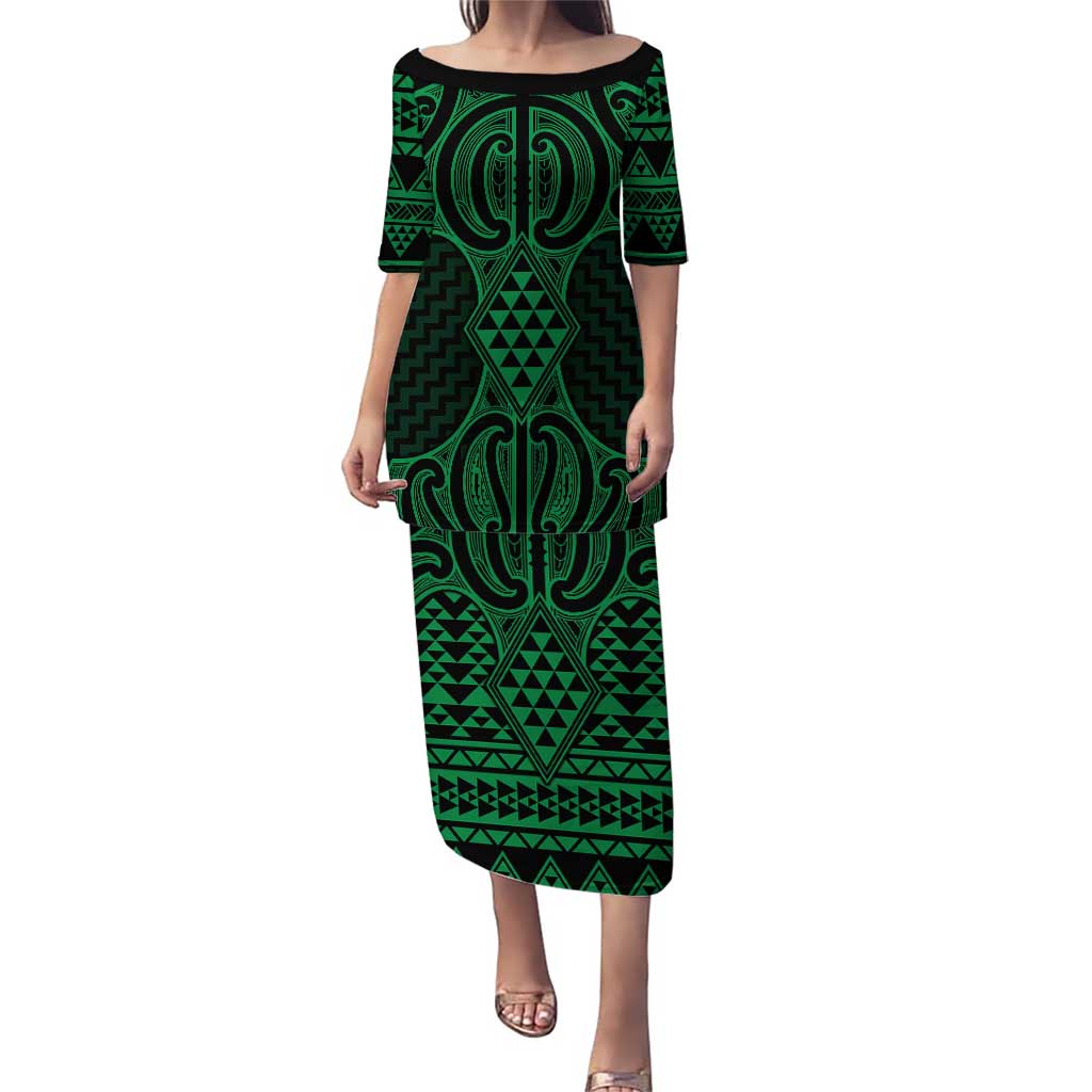 Kakariki Maori Ta Moko Poutama Art Puletasi LT9 Long Dress Green - Polynesian Pride