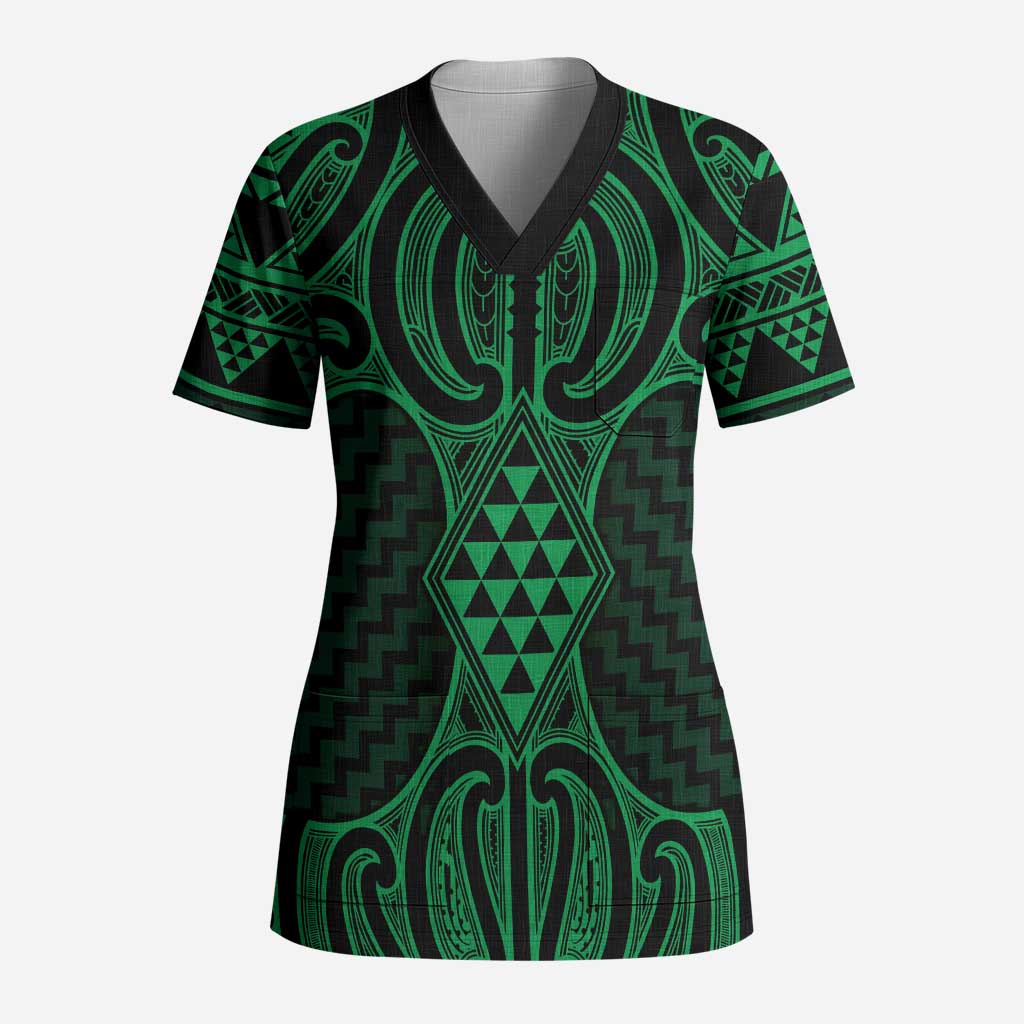 Kakariki Maori Ta Moko Poutama Art Scrub Top LT9 Adult Green - Polynesian Pride