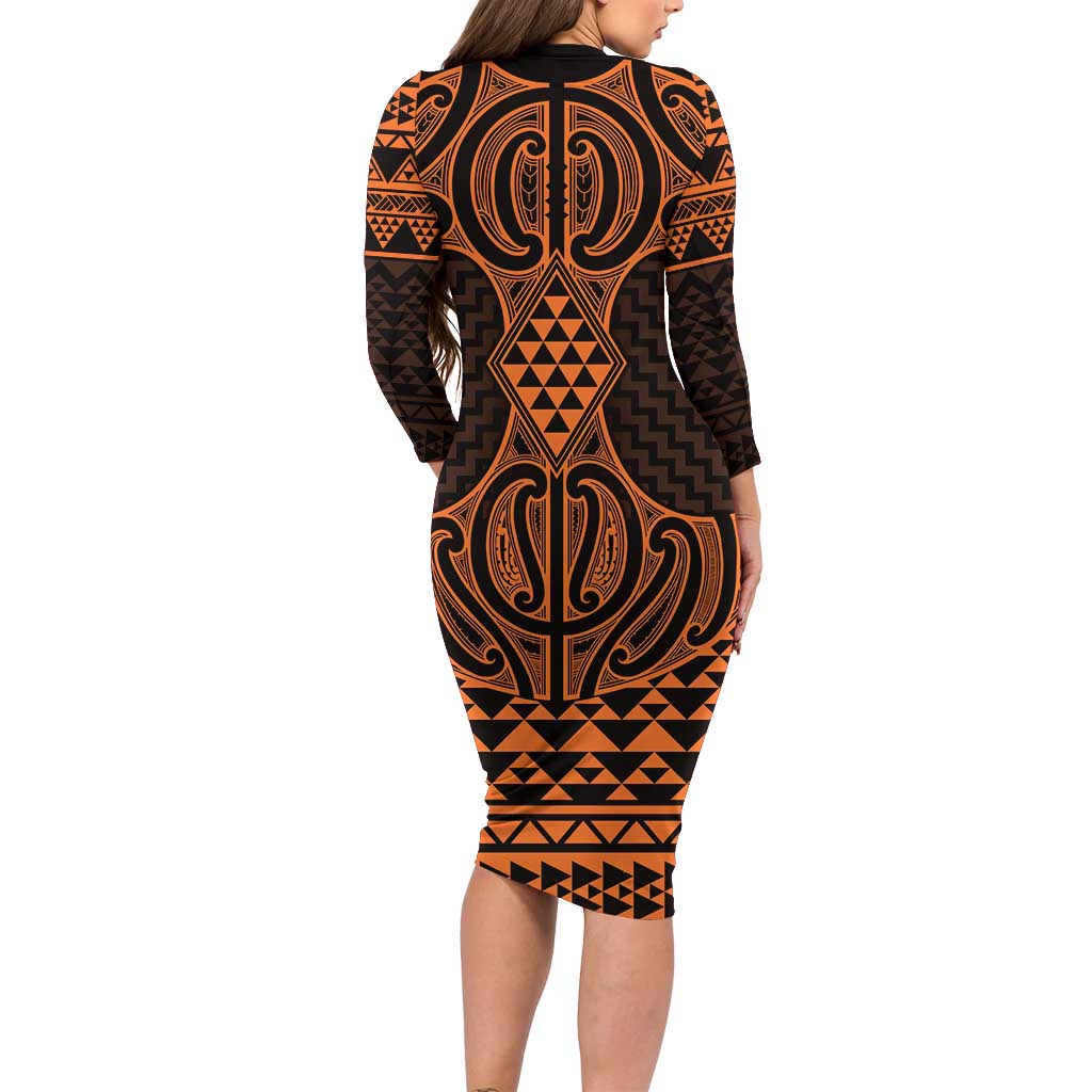 Karaka Maori Ta Moko Poutama Art Long Sleeve Bodycon Dress LT9 - Polynesian Pride
