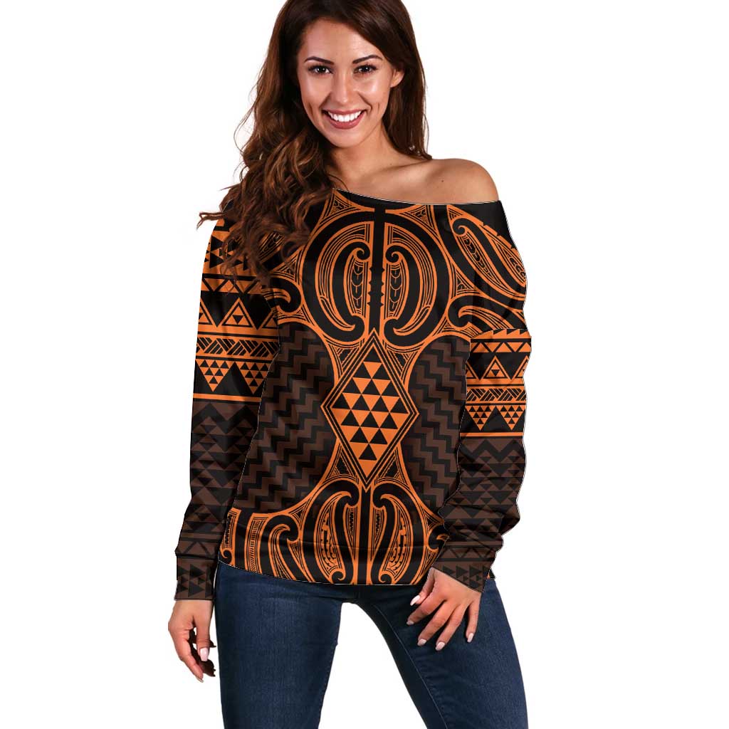 Karaka Maori Ta Moko Poutama Art Off Shoulder Sweater LT9 Women Gold - Polynesian Pride
