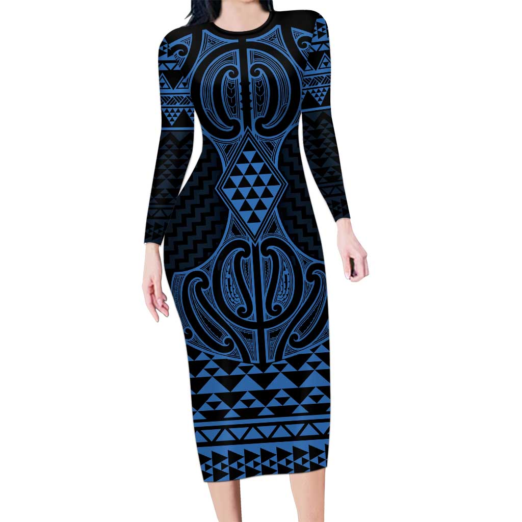 Kikorangi Maori Ta Moko Poutama Art Long Sleeve Bodycon Dress LT9 Long Dress Blue - Polynesian Pride