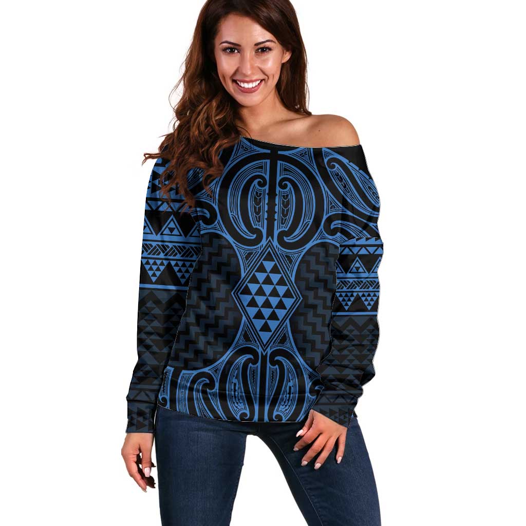 Kikorangi Maori Ta Moko Poutama Art Off Shoulder Sweater LT9 Women Blue - Polynesian Pride