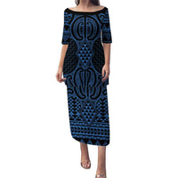 Kikorangi Maori Ta Moko Poutama Art Puletasi LT9 Long Dress Blue - Polynesian Pride