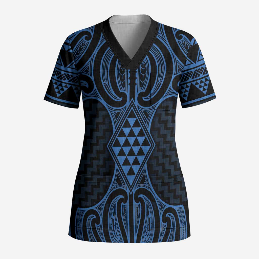 Kikorangi Maori Ta Moko Poutama Art Scrub Top LT9 Adult Blue - Polynesian Pride