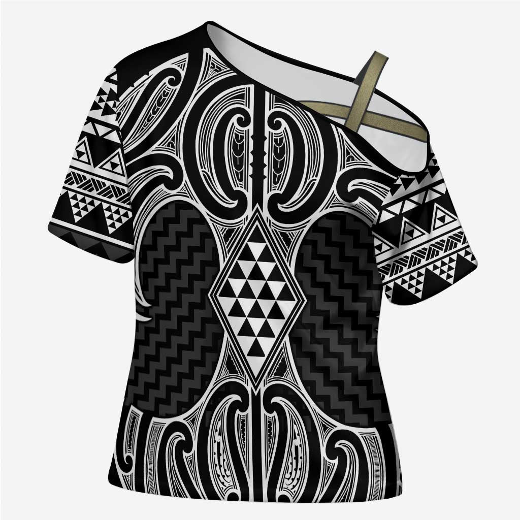 Ma Maori Ta Moko Poutama Art Cross Shoulder Shirt LT9 Female White - Polynesian Pride