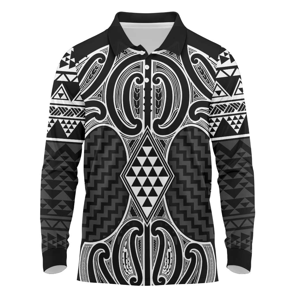 Ma Maori Ta Moko Poutama Art Long Sleeve Polo Shirt LT9 White - Polynesian Pride
