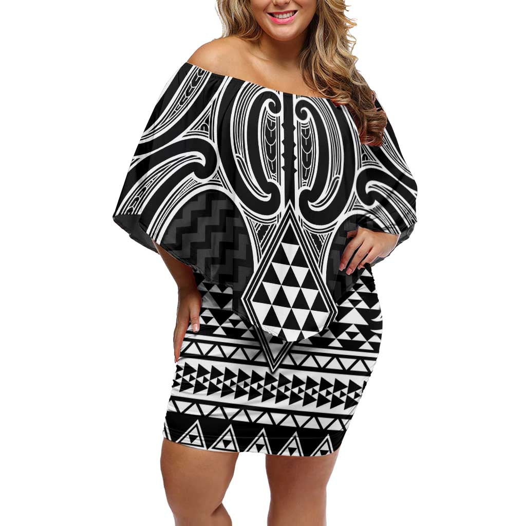 Ma Maori Ta Moko Poutama Art Off Shoulder Short Dress LT9 Women White - Polynesian Pride