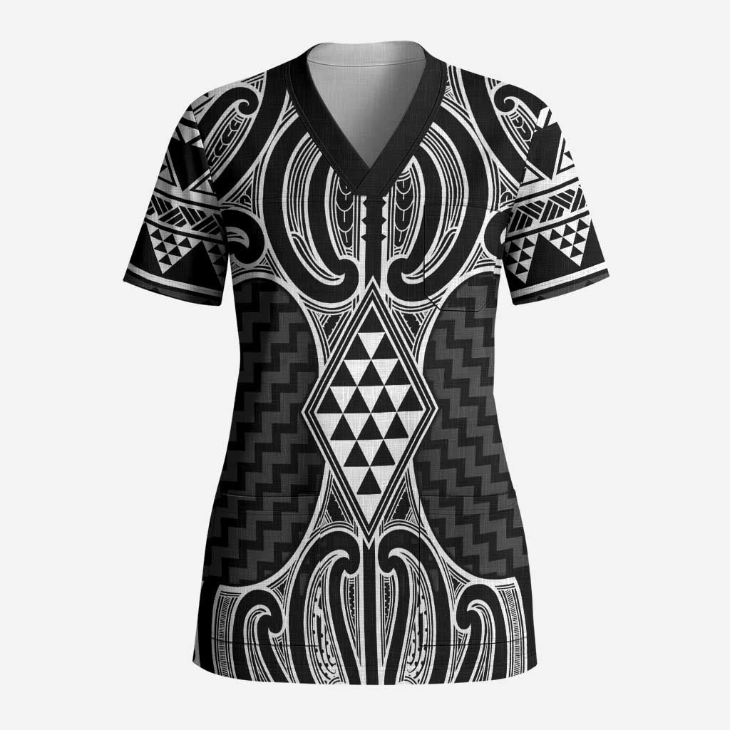Ma Maori Ta Moko Poutama Art Scrub Top LT9 Adult White - Polynesian Pride