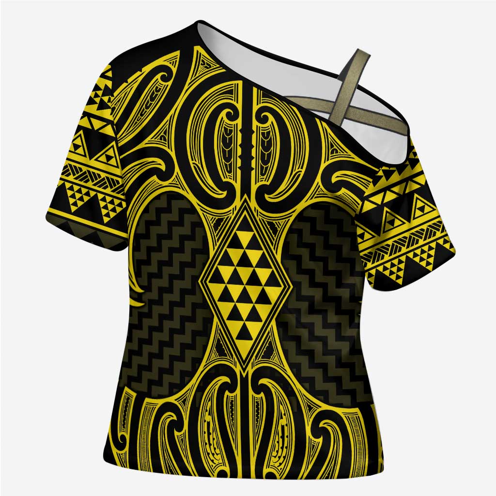 Mahi-dawg Maori Ta Moko Poutama Art Cross Shoulder Shirt LT9 Female Yellow - Polynesian Pride